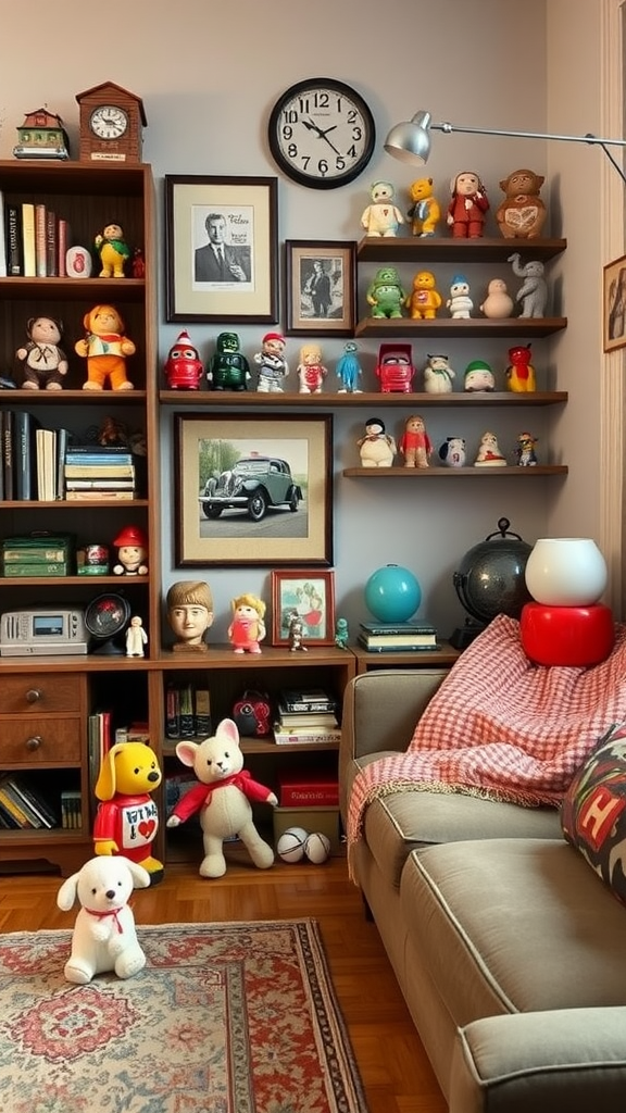 A cozy living room filled with nostalgic collectibles, including toys, plush animals, and vintage decor.