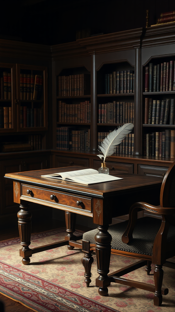 A nostalgic writing desk with a quill, surrounded by a dark cottagecore bedroom library.