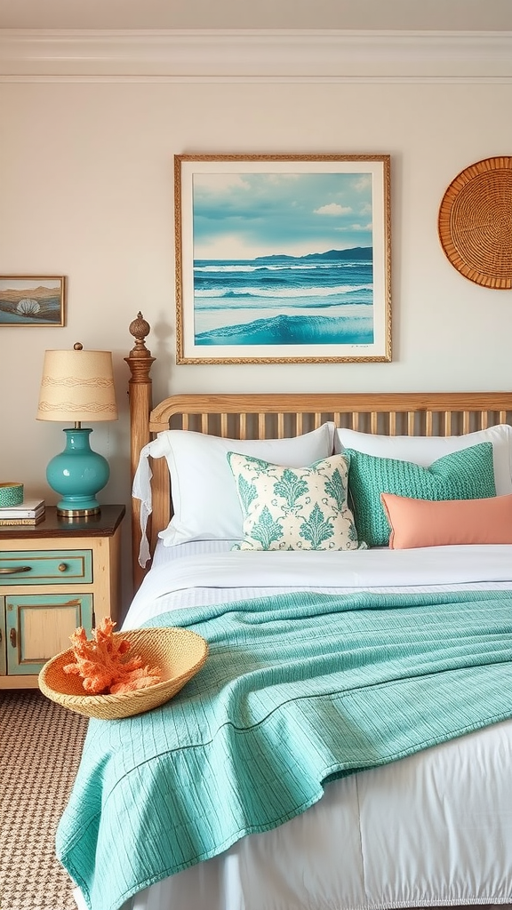A cozy coastal bedroom featuring turquoise and coral accents, with ocean-themed artwork and woven decorations.