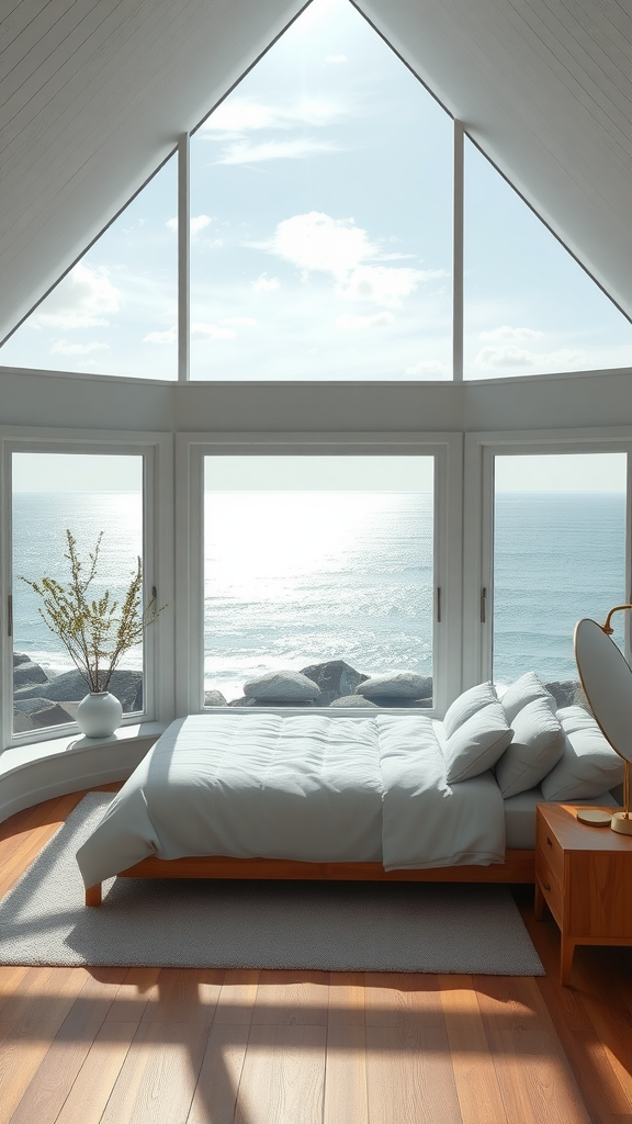 A cozy bedroom with large windows overlooking the ocean.