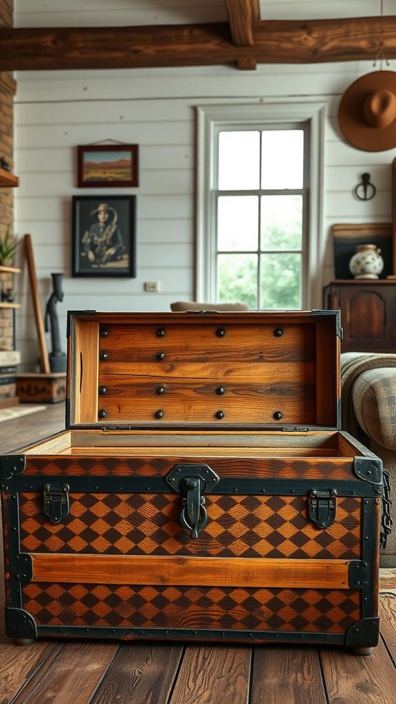 An old-fashioned wooden trunk with a patterned design, open to reveal its interior in a cozy living room setting.