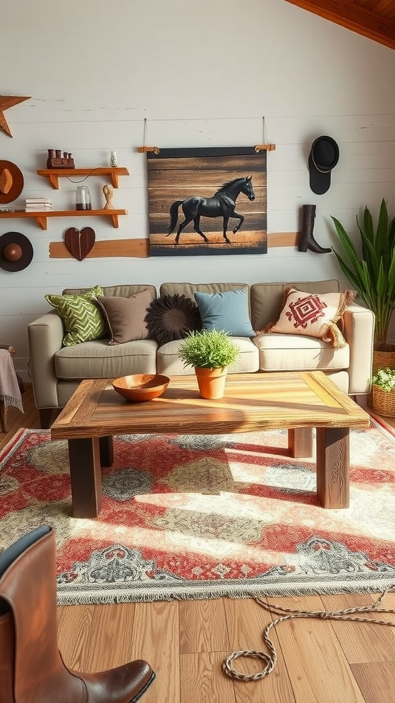 A rustic coffee table in a cowboy-themed living room with a couch, decorative items, and a vibrant rug.