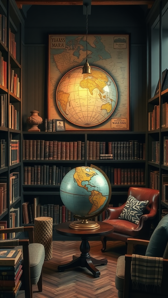 A cozy library corner featuring an old world globe, a map on the wall, and books on shelves.