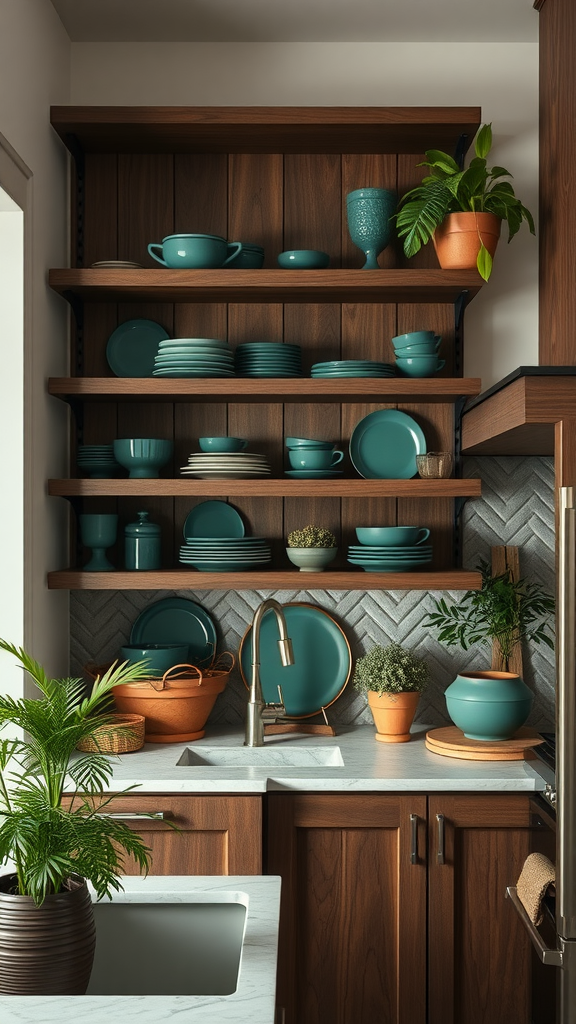 A dark wood kitchen with open shelving displaying vibrant teal dishes and plants.