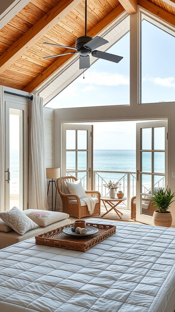 A bright and airy coastal bedroom with a view of the ocean from the balcony, featuring a comfortable wicker chair and natural decor.