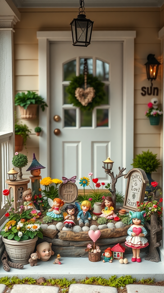 A charming fairy garden display on a porch featuring colorful dolls, flowers, and decorative elements. valentine porch decorating ideas