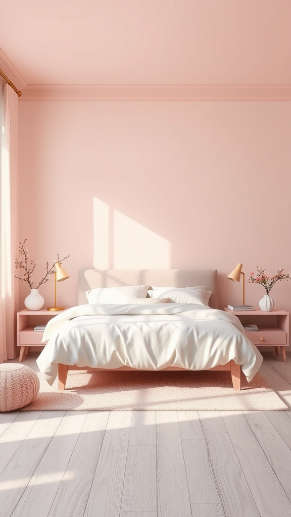 Cozy bedroom featuring dusty pink walls, white bedding, and soft pastel decor.