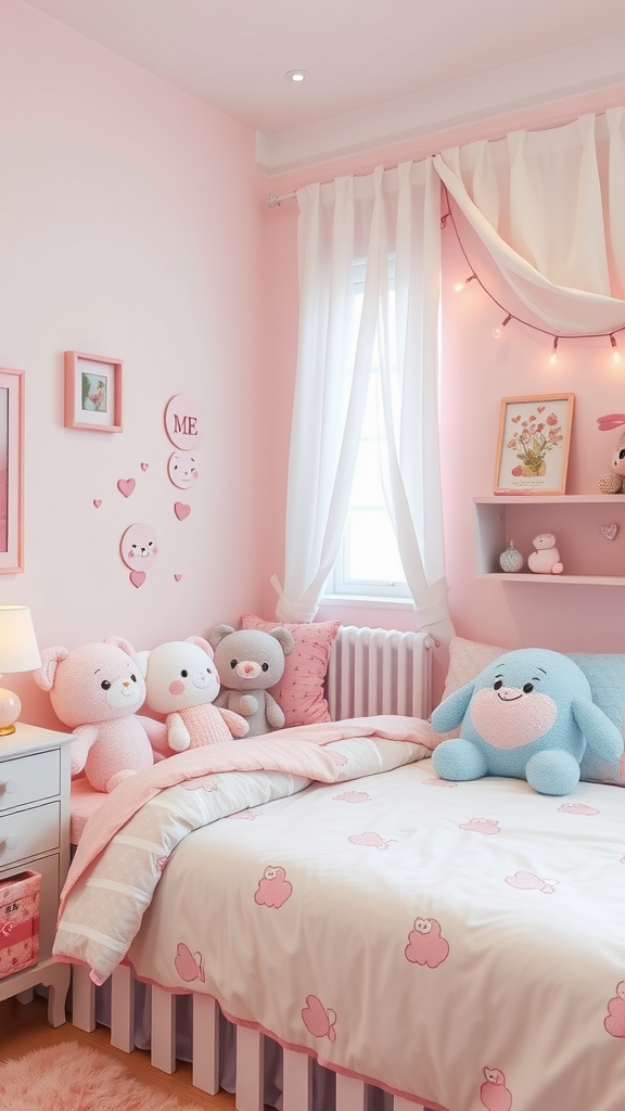 A pastel pink-themed bedroom with plush toys and soft decor.