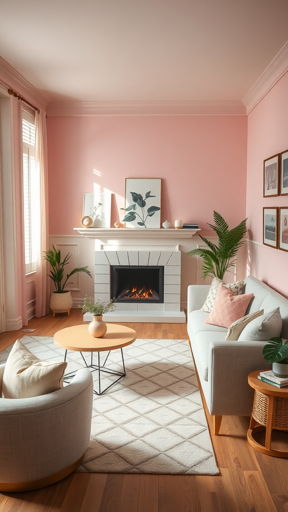 A cozy living room with pastel pink walls, a light gray sofa, a round coffee table, and plants.