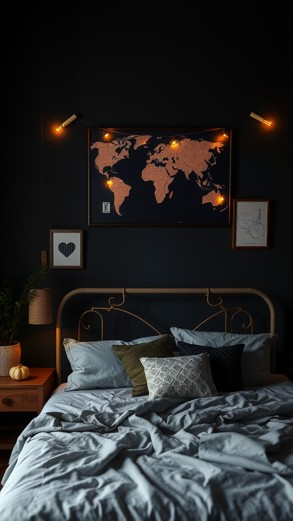 A dark cottagecore bedroom featuring a world map with string lights, a cozy bed with various pillows, and warm lighting.