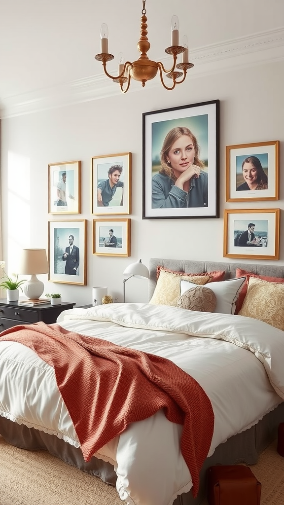 A cozy bedroom featuring personalized artwork on the walls, showcasing individual portraits in elegant frames.