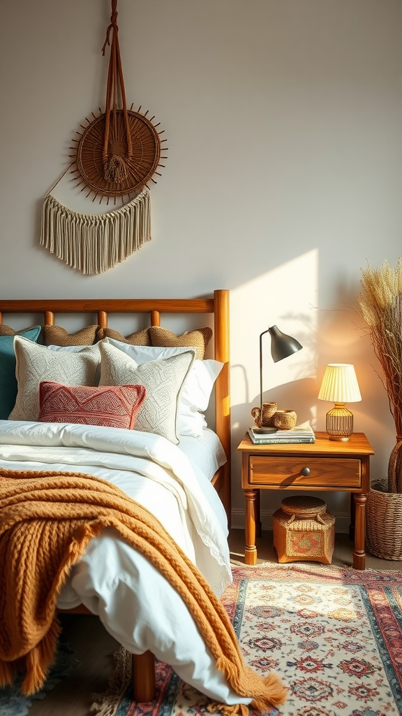 A cozy western boho bedroom featuring a bedside table with a lamp, books, and decorative items.