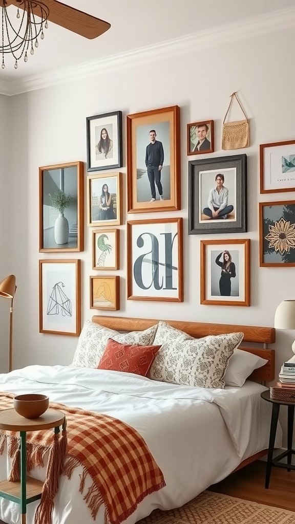Cozy bedroom with a gallery wall of framed photos and art, featuring warm wooden frames and boho decor