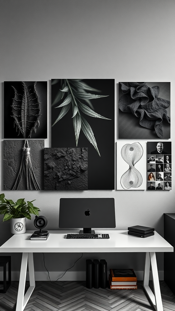 A modern office setup with a white desk, computer, and a wall featuring black and white mood board artworks.