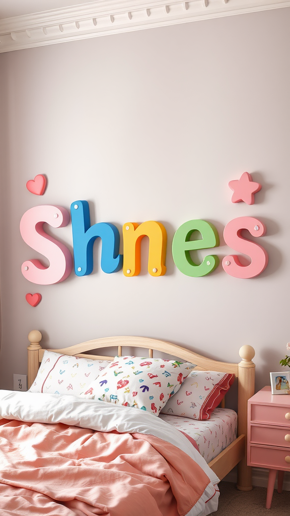 Colorful personalized name decor on wall in a cozy bedroom