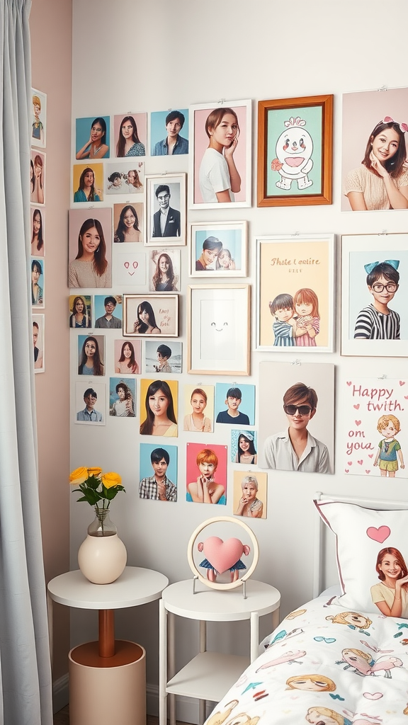 A colorful photo wall decorated with various portraits and illustrations in a cozy bedroom.