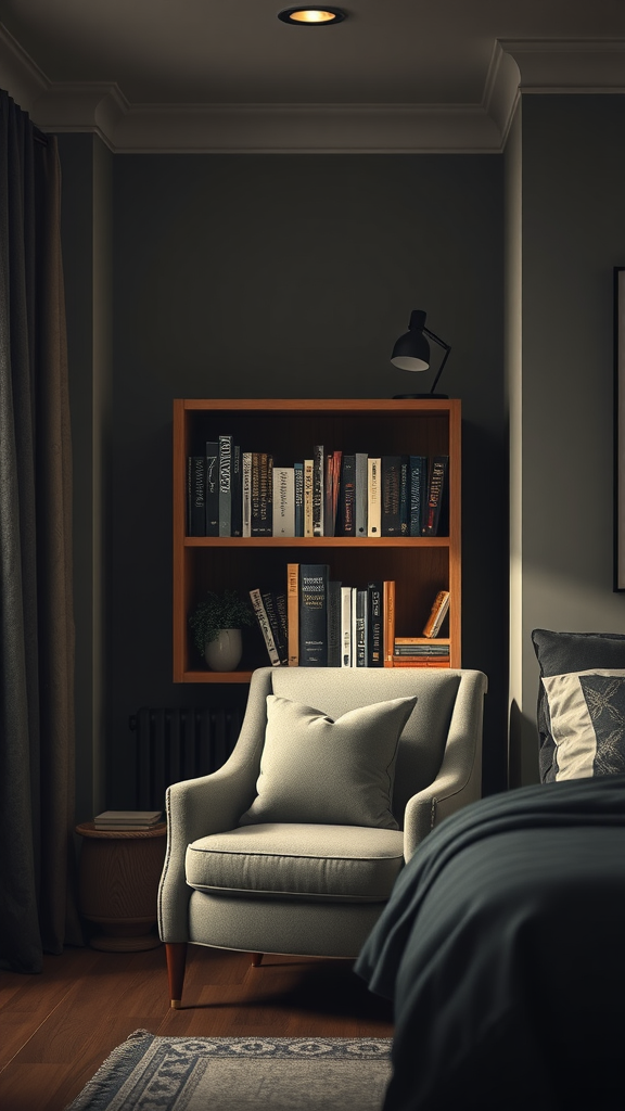 Cozy dark cottagecore bedroom with an armchair and a bookshelf
