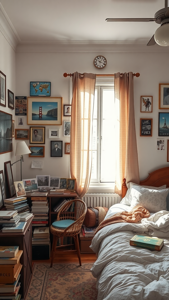 A cozy bedroom filled with unique decor such as framed pictures, bookshelves, and warm lighting.