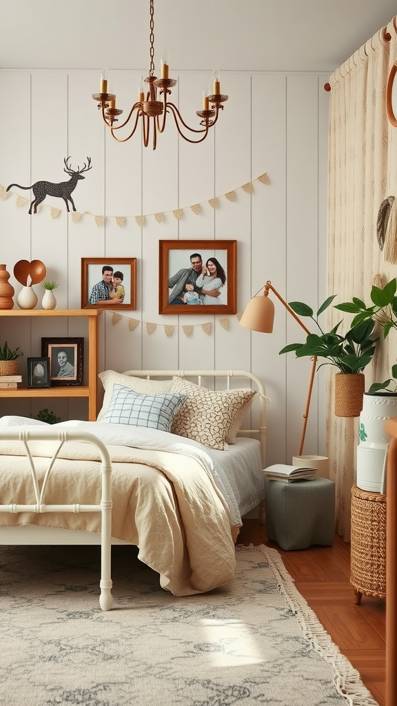 A cozy shabby chic bedroom featuring a bed, decorative items, and personal photos on the wall.