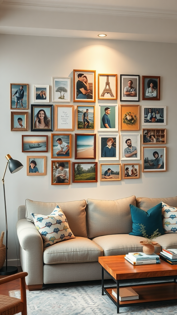 A cozy cutecore living room with a personalized wall collage of framed photos.