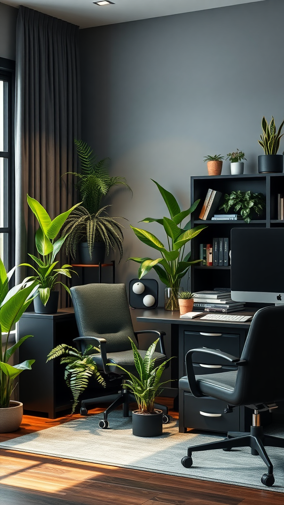 A modern office space filled with various green plants, showcasing a cozy and vibrant atmosphere. Moody Office Ideas