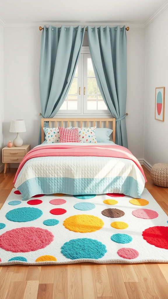 A colorful area rug with circles in a cozy bedroom