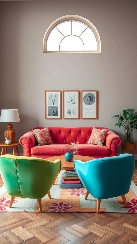 A playful living room featuring a coral sofa, green and blue armchairs, and decorative prints on the wall.