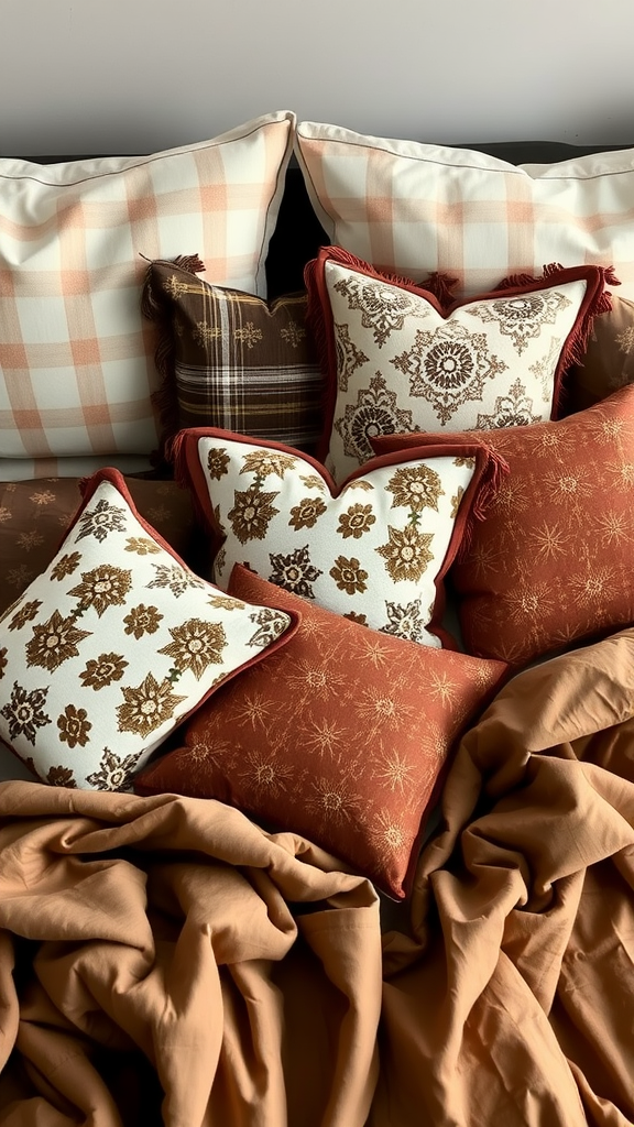 A cozy bed with an array of pillows in chocolate brown, plaid, and floral patterns