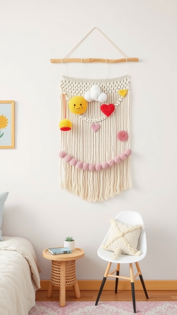 Colorful macramé wall hanging featuring smiley face, hearts, and pom-poms