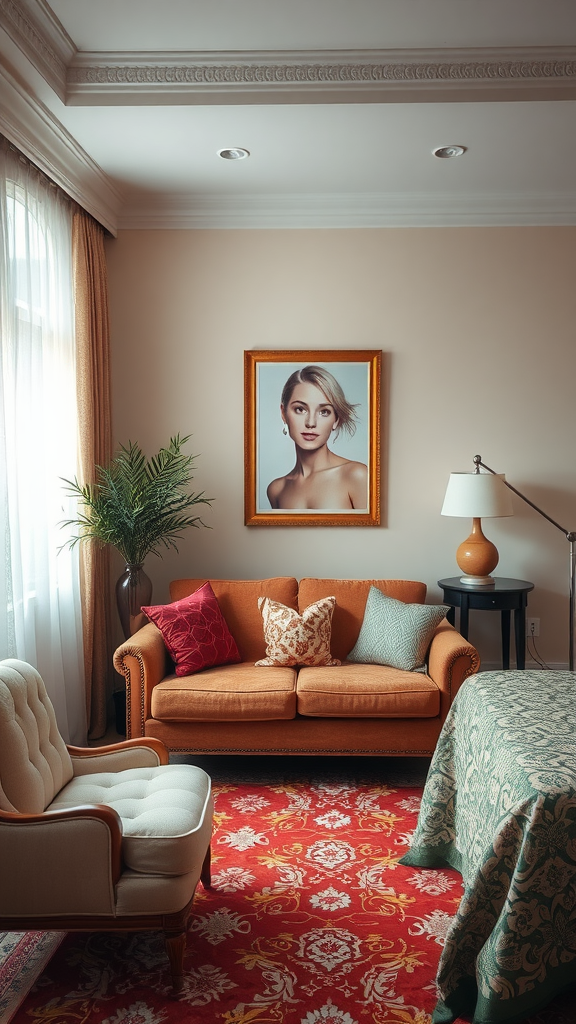 Cozy bedroom with plush seating area featuring orange sofa, colorful cushions, and framed artwork.