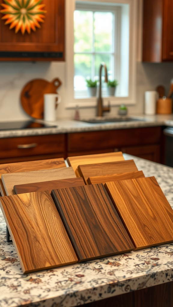 A selection of dark wood samples arranged on a kitchen countertop.