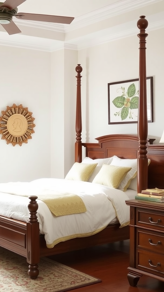 A bedroom featuring a cherry wood bed with decorative pillows and a nightstand.