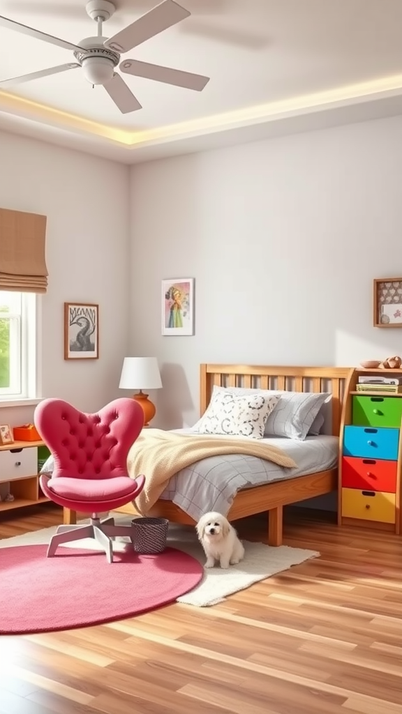 A cozy Cutecore bedroom featuring a pink chair, wooden bed, colorful storage drawers, and a small dog on a round rug.