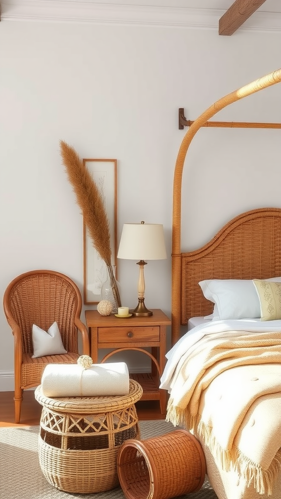 Cozy coastal bedroom featuring rattan and wicker furniture