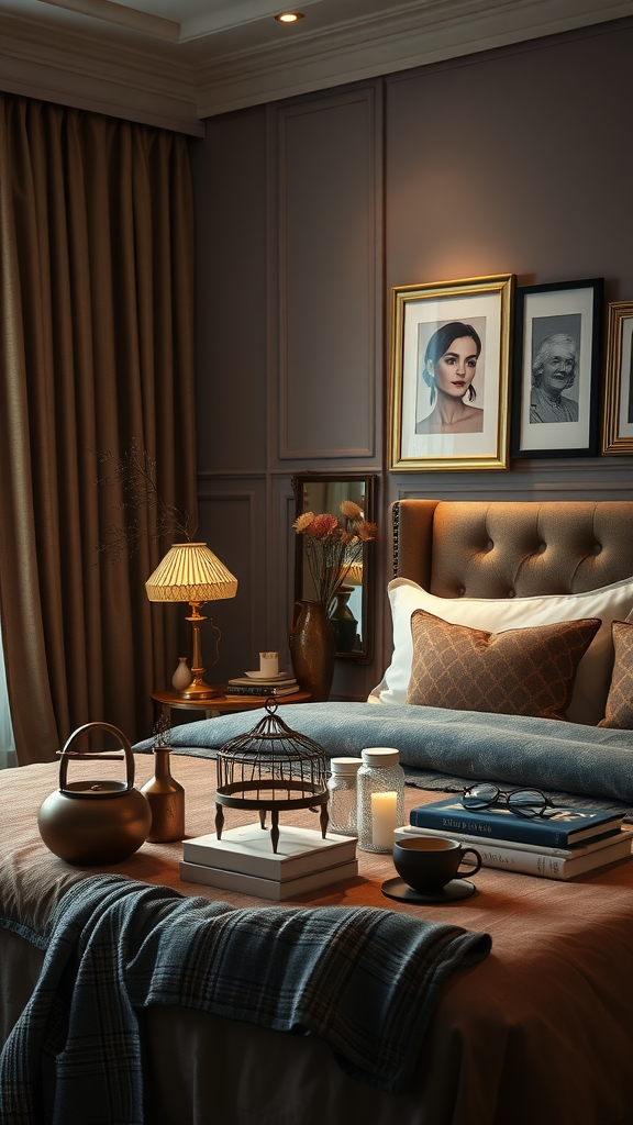 A cozy bedroom with warm tones, featuring elegant accessories like a lamp, books, and decorative items on the bed.