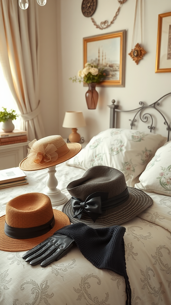A collection of vintage hats and gloves displayed on a bed in a shabby chic bedroom. Shabby Chic Bedroom Ideas