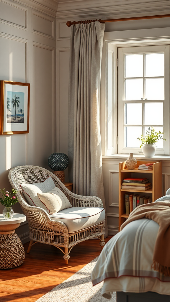 A cozy corner in a bedroom with a wicker chair, natural light, and soft decor.