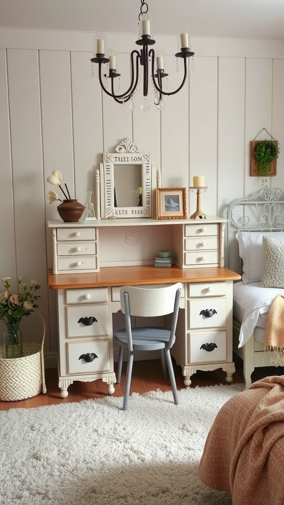 A repurposed desk in a cozy bedroom with a chandelier and decorative elements.