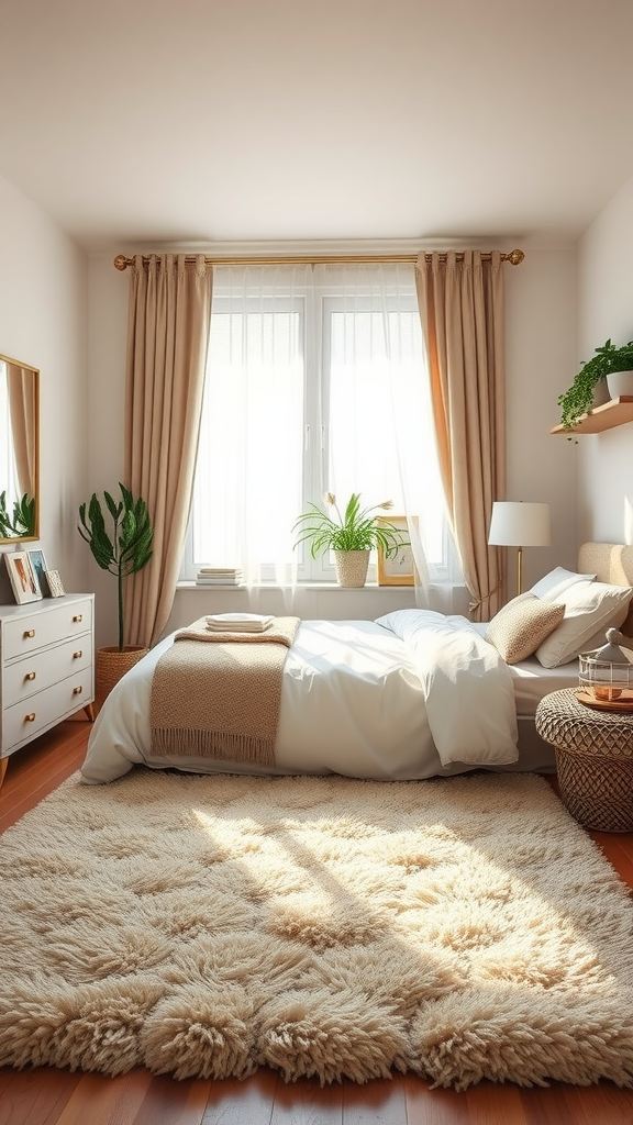 Cozy bedroom with a plush cream rug, soft bedding, and natural light