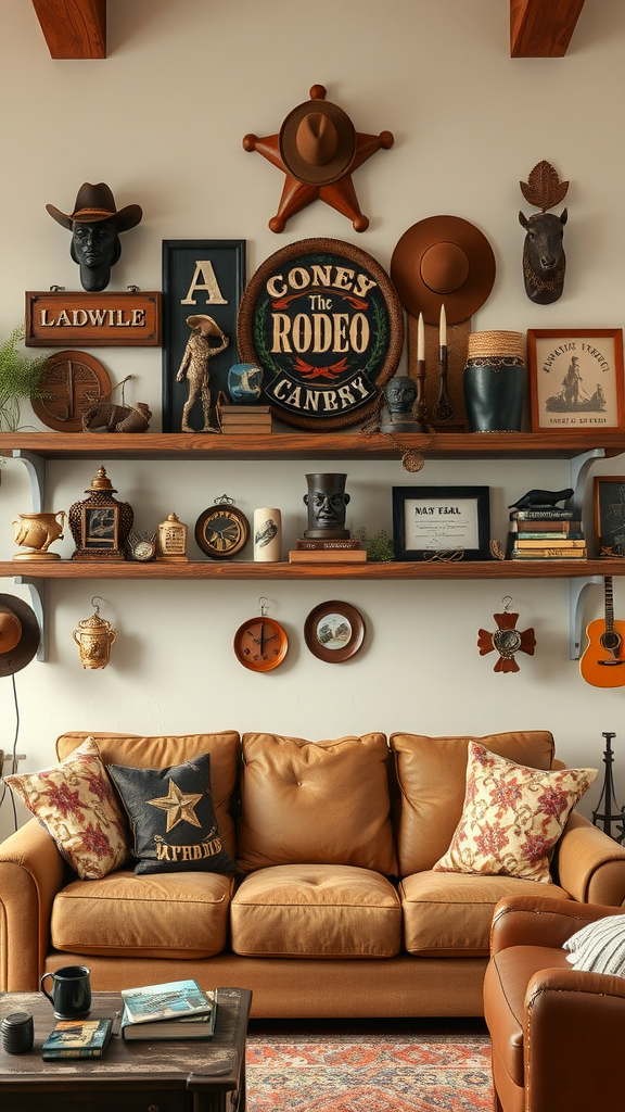 A cozy living room decorated with rodeo memorabilia, including hats, signs, and rustic items, highlighting a cowboy theme.