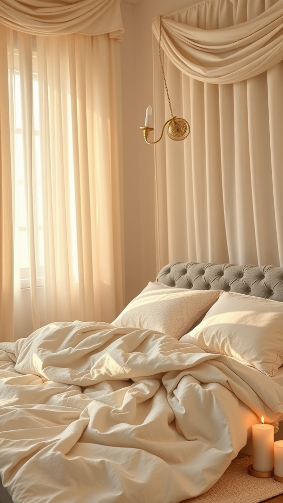 A cozy beige bedroom with soft bedding, curtains, and candlelight.