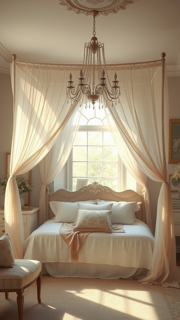 A romantic canopy bed with sheer curtains and an elegant chandelier, creating a cozy and inviting atmosphere.