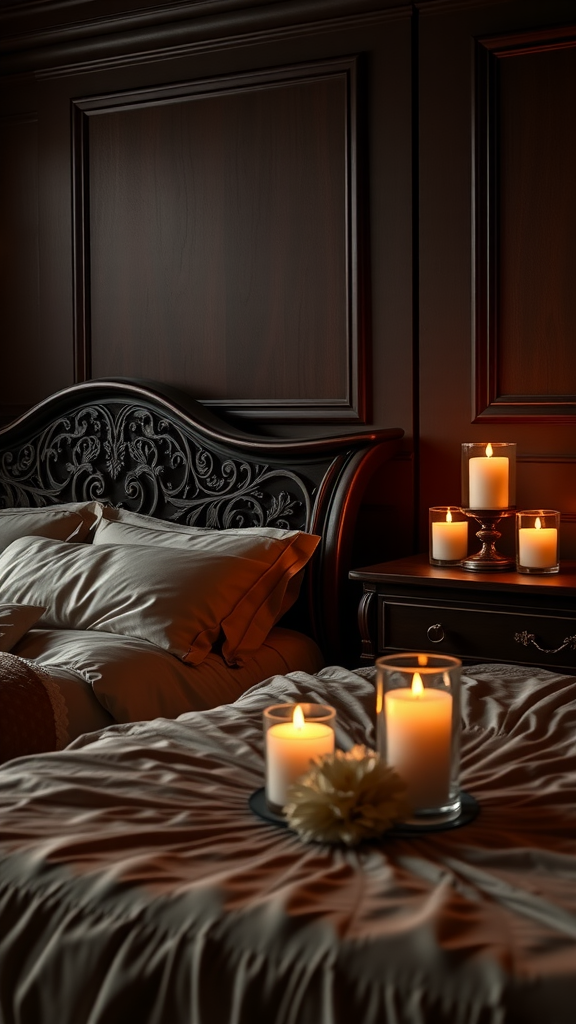 A cozy chocolate brown bedroom with flickering candles creating a warm ambiance.