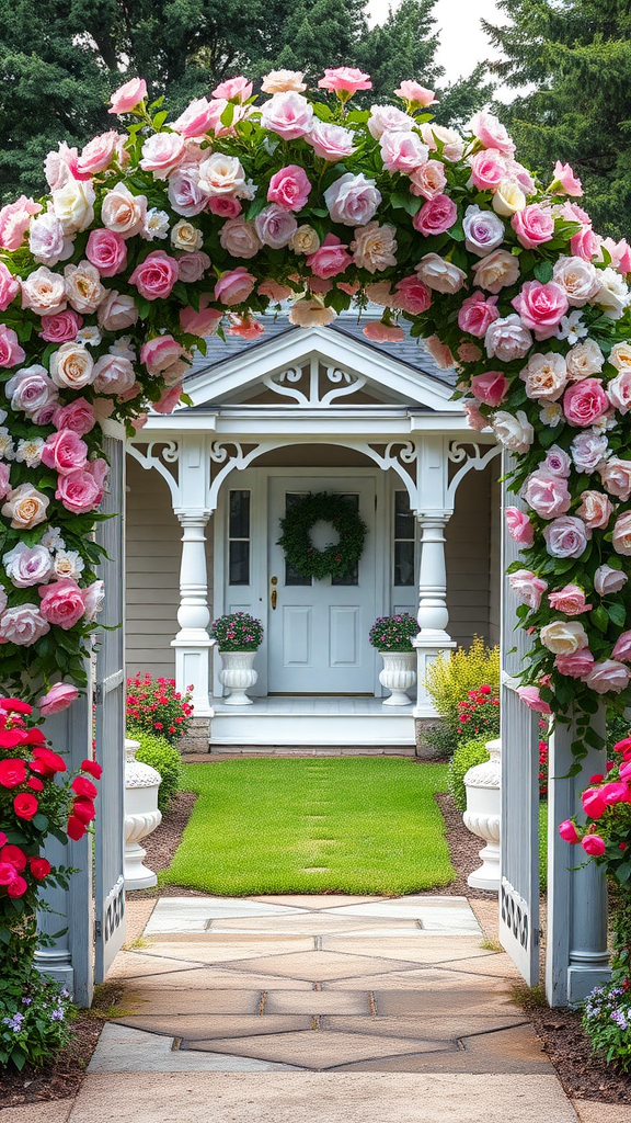 A romantic garden arch decorated with pink and white roses leading to a charming porch.