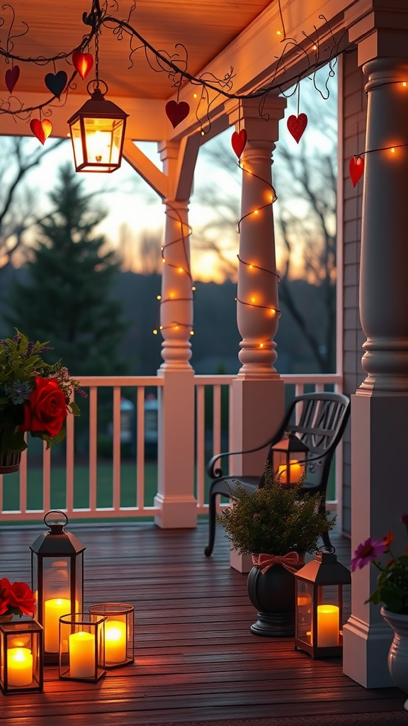A romantic porch decorated with lanterns, candles, and heart shapes for Valentine's Day.