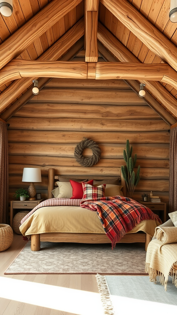 Cozy rustic beige bedroom with wooden log walls, a bed with beige linens and red pillows, and natural decor.