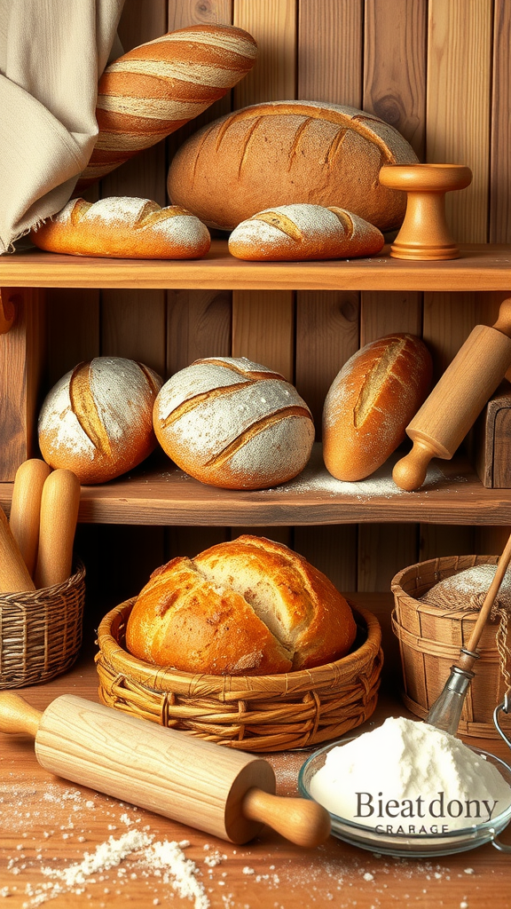 A rustic bread station displaying various types of bread on wooden shelves, with baking tools and ingredients