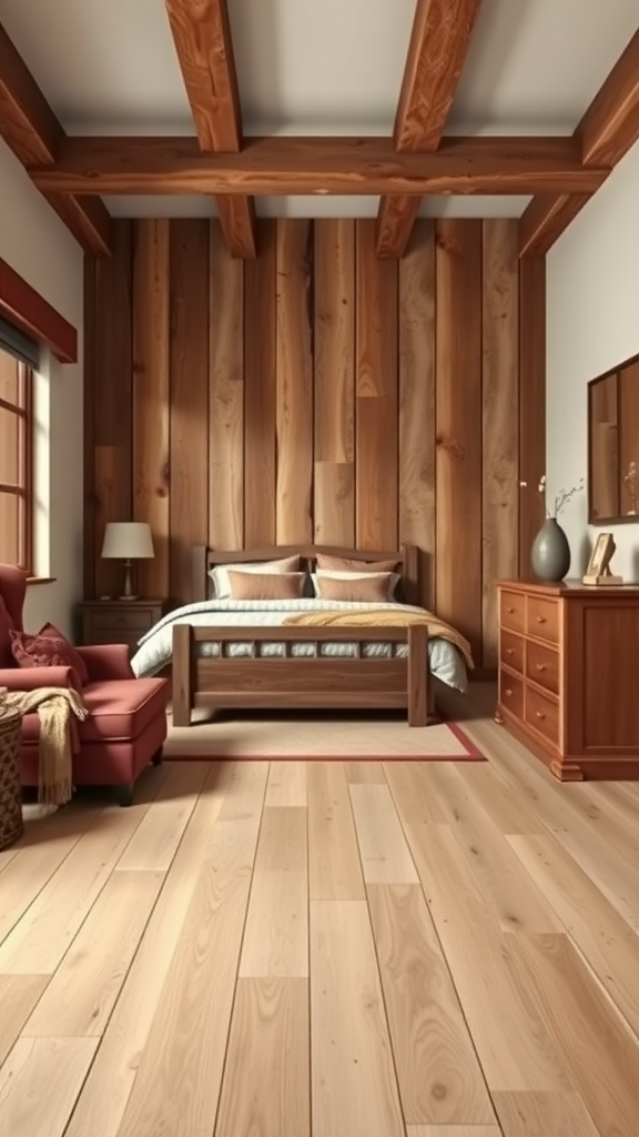 A rustic bedroom with wooden beams, planked walls, and burgundy furniture accents