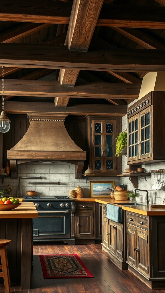 A rustic kitchen featuring dark wood cabinetry and beams, complemented by green accents and natural light.