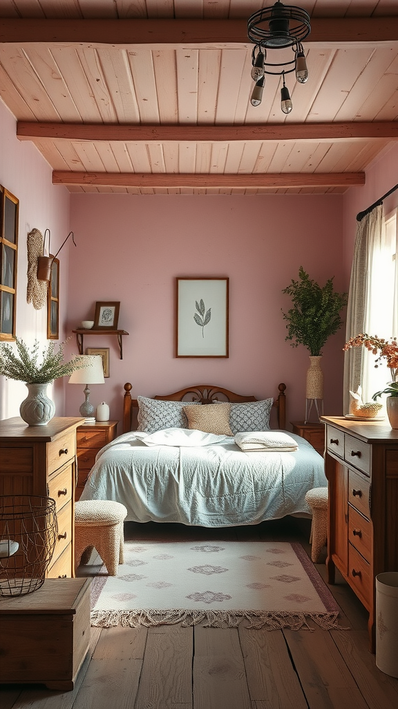 A cozy bedroom featuring dusty pink walls, wooden ceiling, and rustic furniture.